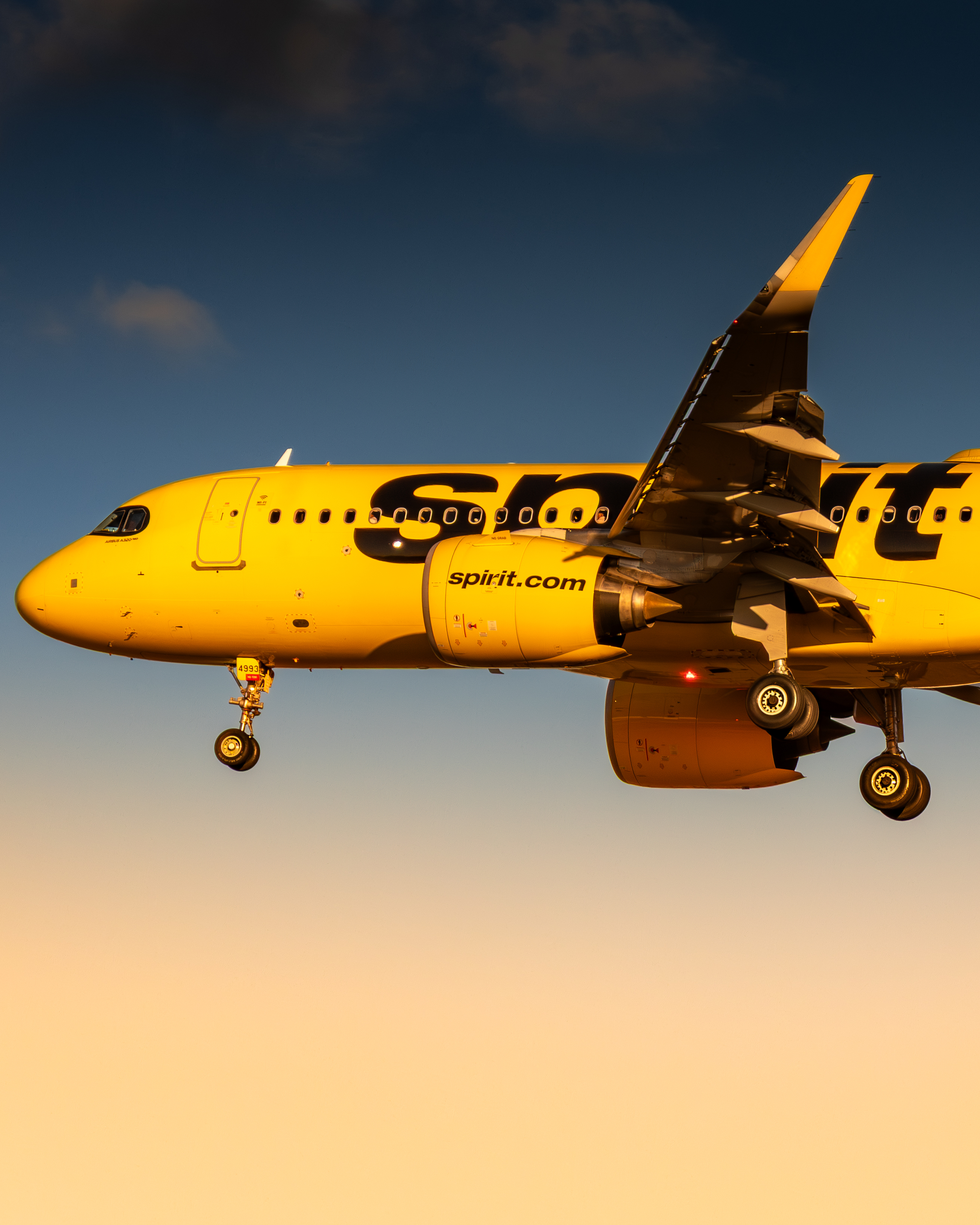 Spirit Airlines Airbus A320neo on landing approach at golden hour